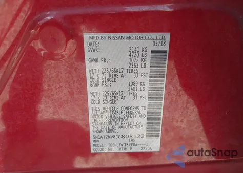 2018 Nissan Rogue Sv from USA, damaged, VIN 5N1AT2MV8JC808122